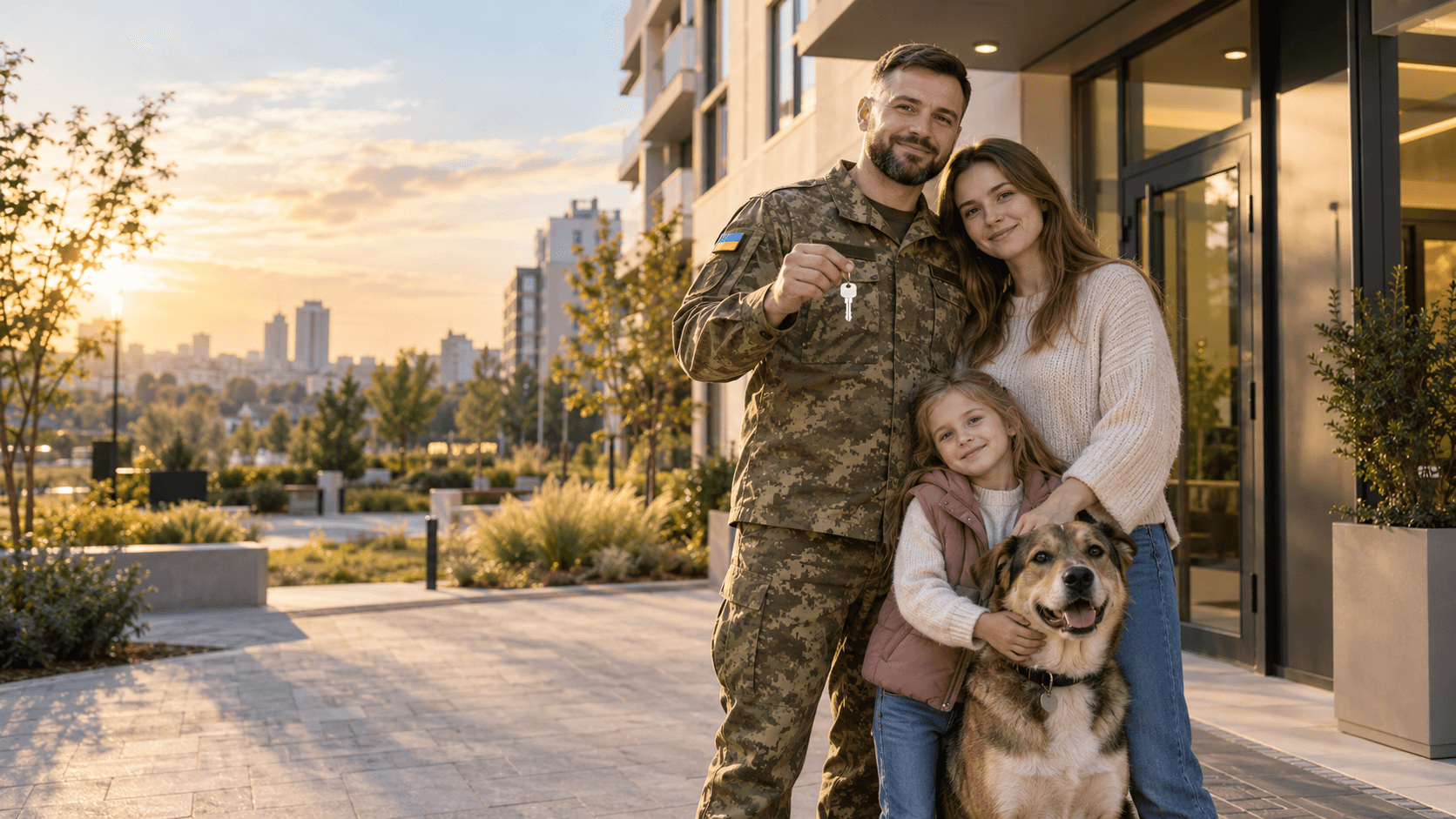 Військовослужбовець із дружиною, дитиною та собакою біля нового будинку тримає ключі від квартири